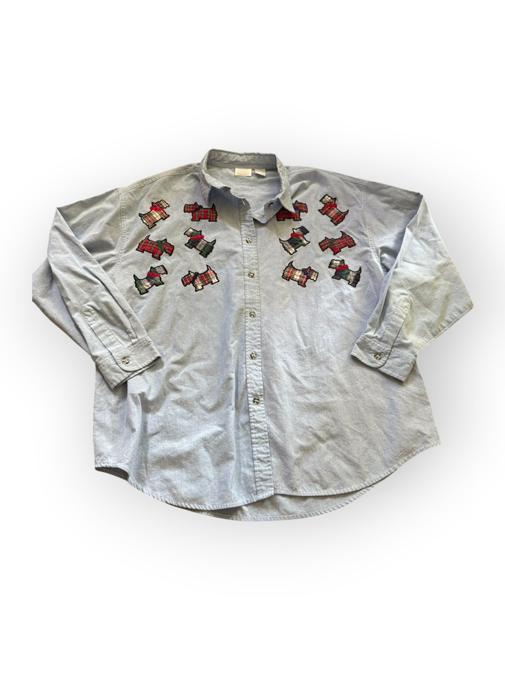 Vintage Mystic Blue Button-Up Shirt with Embroidered Scottie Dog